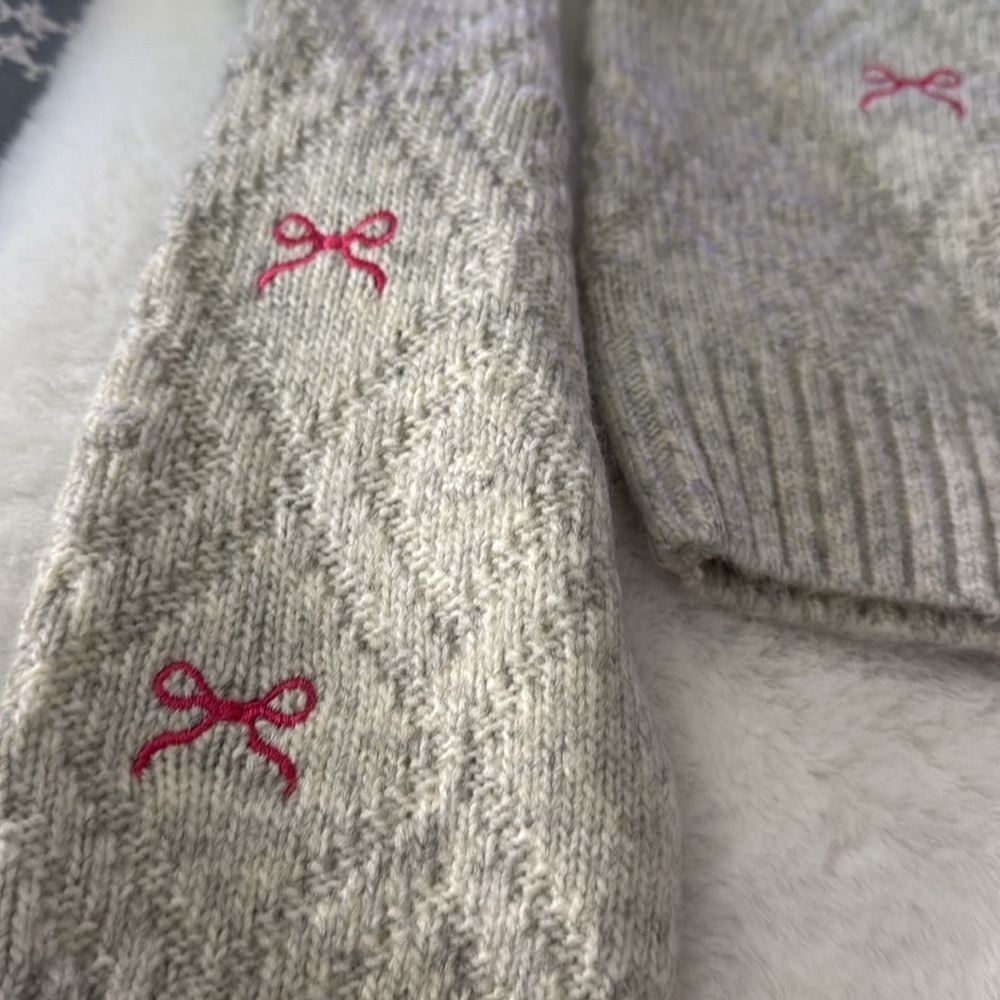 Jessica Simpson gray pink bow bling crystal button cardigan sweater 🎀🎀🎀 💎💎 - Picture 3 of 11